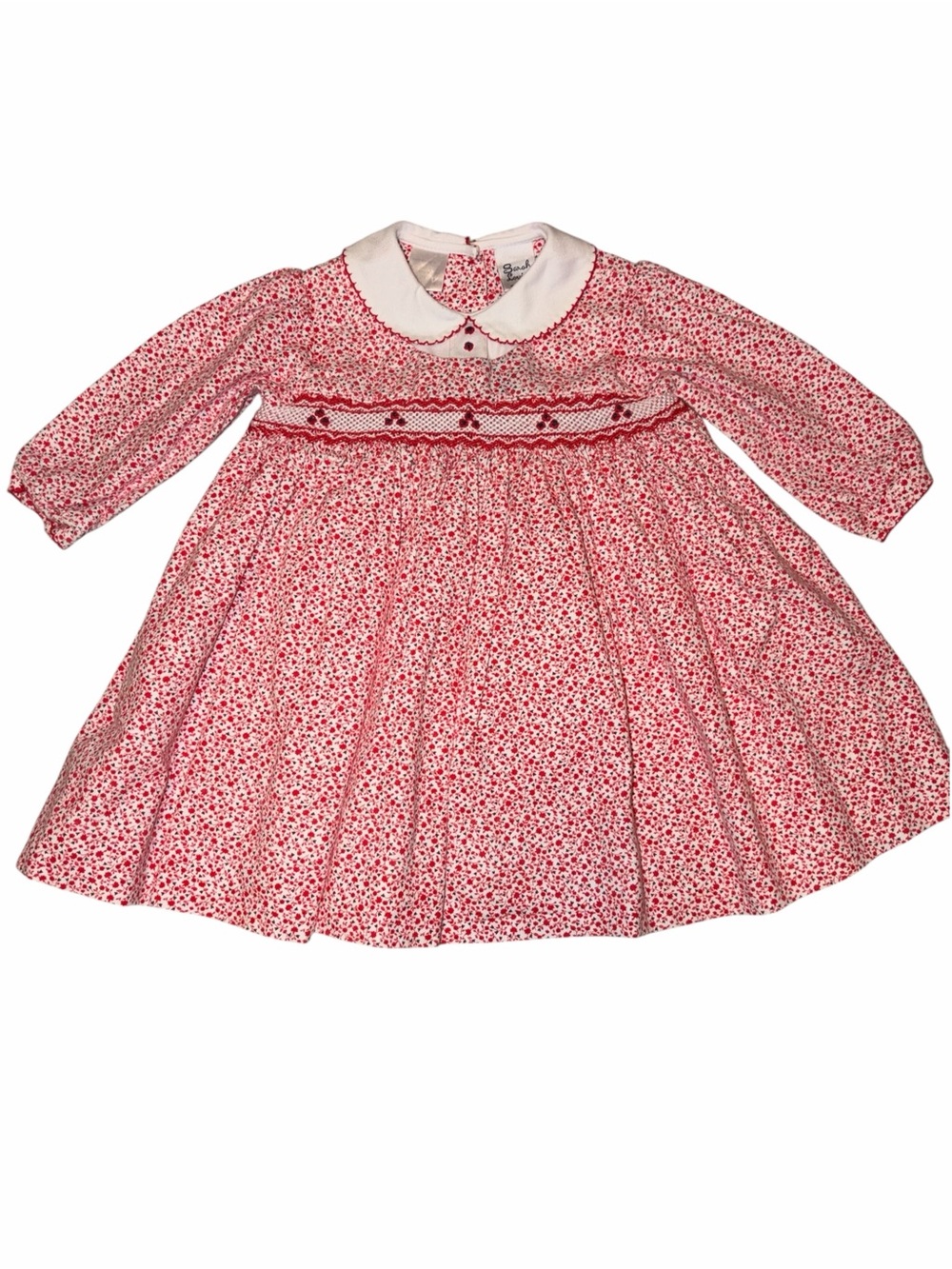Sarah Louise Red Floral Smocked Baby Dress 12M Peter Pan Collar Cottagecore Dot